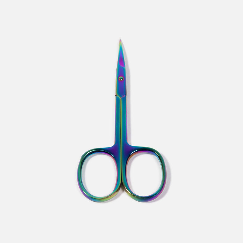 Curacoro professional lash scissors with iridescent rainbow finish, sharp precision tip, displayed on white background