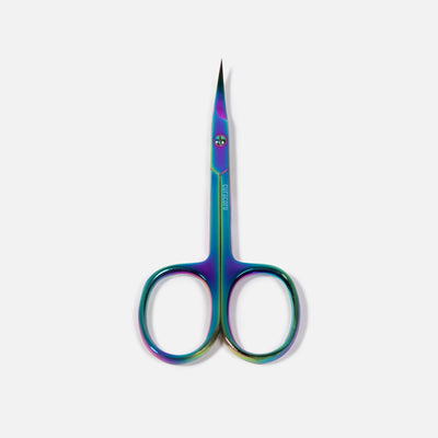 Curacoro professional lash scissors with iridescent rainbow finish, ultra-sharp precision tip, displayed on white background