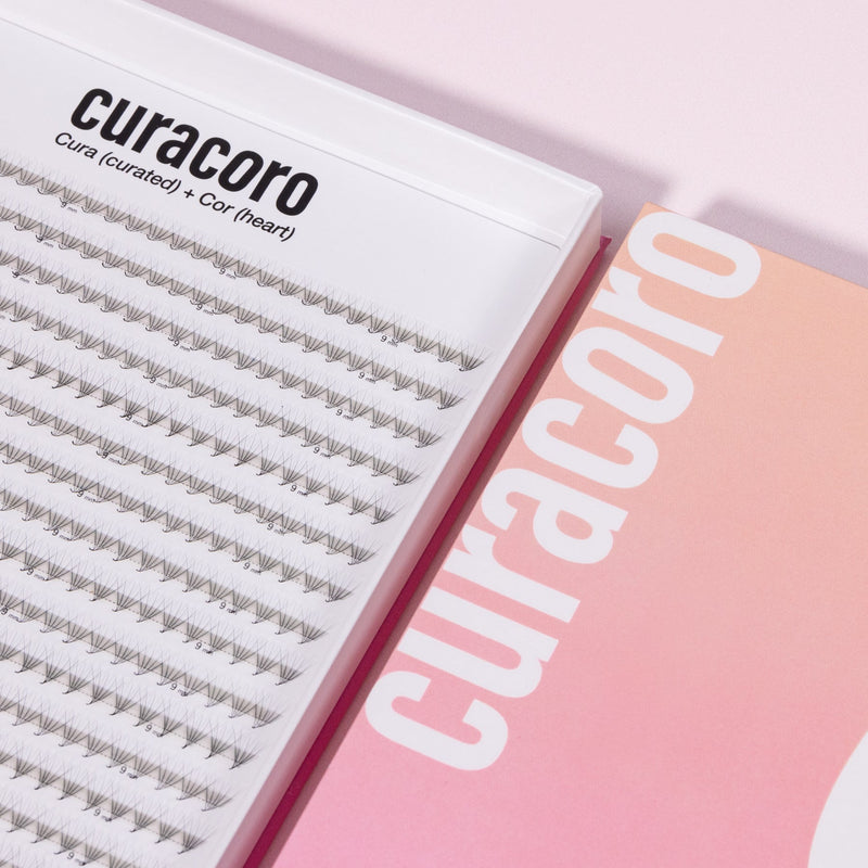 Curacoro XL Promade Fans featuring 6D lash extensions with 0.05 thickness in Black, elegantly displayed in a gradient pink box with a detailed tray layout.