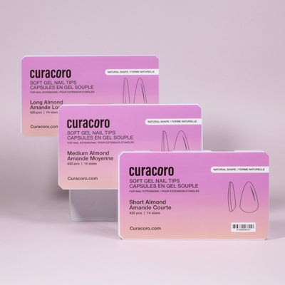 Curacoro soft gel nail tips in short, medium, and long almond shapes, 420 pcs per set, displayed in gradient pink packaging on soft pink background