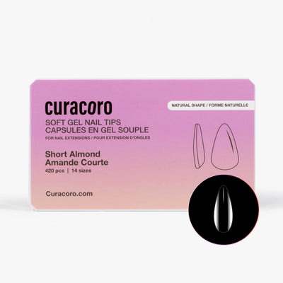 Curacoro soft gel nail tips, short almond shape, 420 pcs in 14 sizes, packaged in gradient pink box on white background