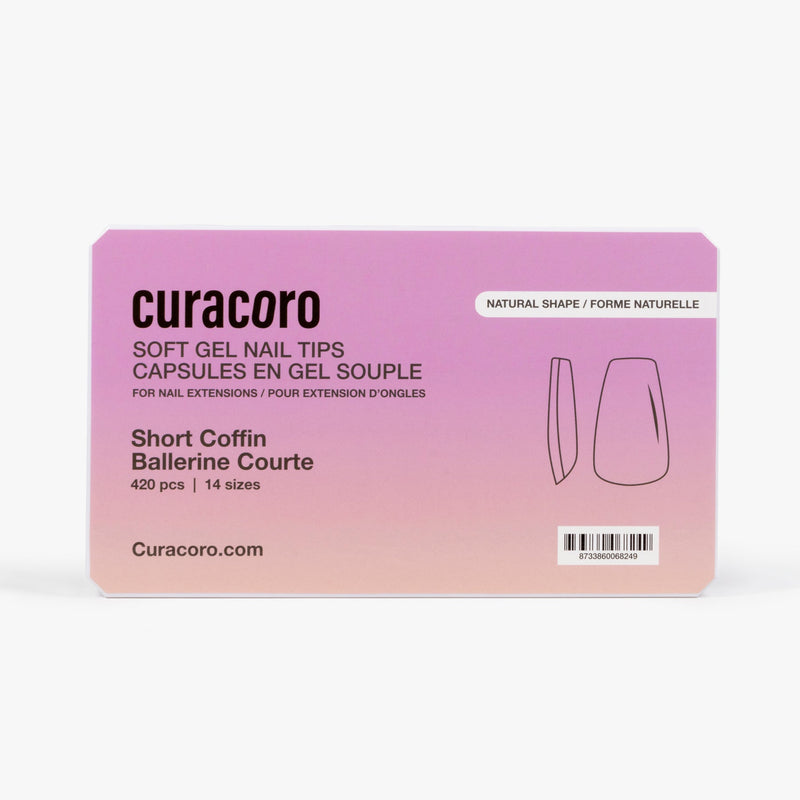 Curacoro soft gel nail tips, short coffin shape, 420 pcs in 14 sizes, packaged in gradient pink box on white background