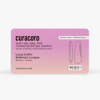 Curacoro soft gel nail tips, Long coffin shape, 420 pcs in 14 sizes, packaged in gradient pink box on white background