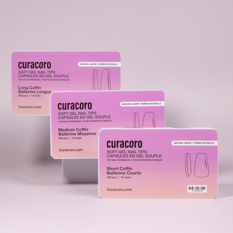 Curacoro soft gel nail tips in short, medium, and long coffin shapes, 420 pcs per set, displayed in gradient pink packaging on soft pink background