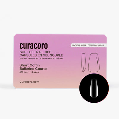 Curacoro soft gel nail tips, short coffin shape, 420 pcs in 14 sizes, packaged in gradient pink box on white background