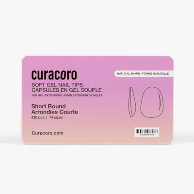 Curacoro soft gel nail tips, short round shape, 420 pcs in 14 sizes, packaged in gradient pink box on white background