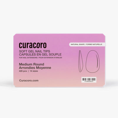 Curacoro soft gel nail tips, medium round shape, 420 pcs in 14 sizes, packaged in gradient pink box on white background