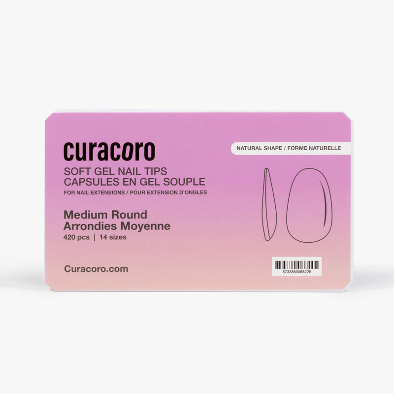 Curacoro soft gel nail tips, medium round shape, 420 pcs in 14 sizes, packaged in gradient pink box on white background