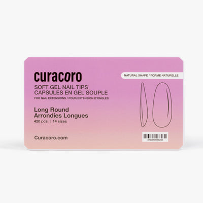 Curacoro soft gel nail tips, long round shape, 420 pcs in 14 sizes, packaged in gradient pink box on white background