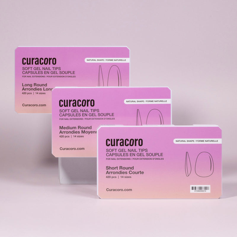 Curacoro soft gel nail tips in short, medium, and long round shapes, 420 pcs per set, displayed in gradient pink packaging on soft pink background