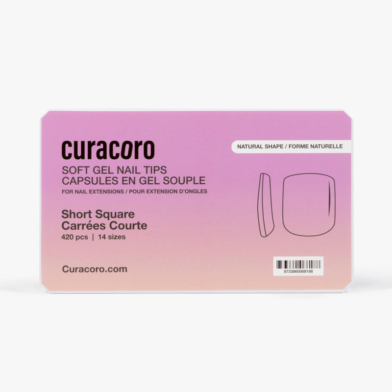 Curacoro soft gel nail tips, medium square shape, 420 pcs in 14 sizes, packaged in gradient pink box on white background