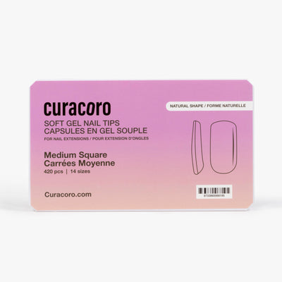 Curacoro soft gel nail tips, medium square shape, 420 pcs in 14 sizes, packaged in gradient pink box on white background