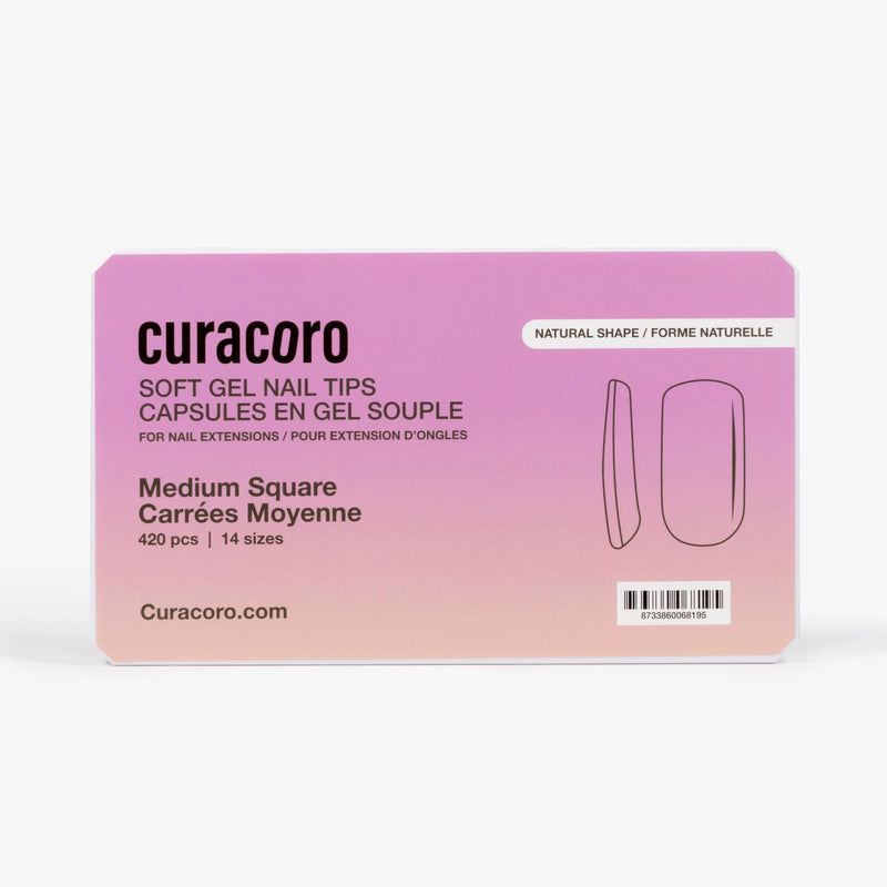 Curacoro soft gel nail tips, medium square shape, 420 pcs in 14 sizes, packaged in gradient pink box on white background