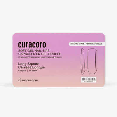 Curacoro soft gel nail tips, long square shape, 420 pcs in 14 sizes, packaged in gradient pink box on white background