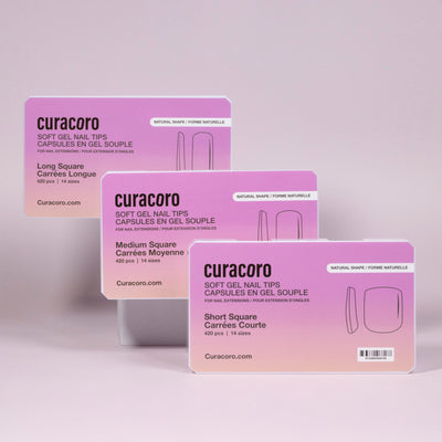 Curacoro soft gel nail tips in short, medium, and long square shapes, 420 pcs per set, displayed in gradient pink packaging on soft pink background