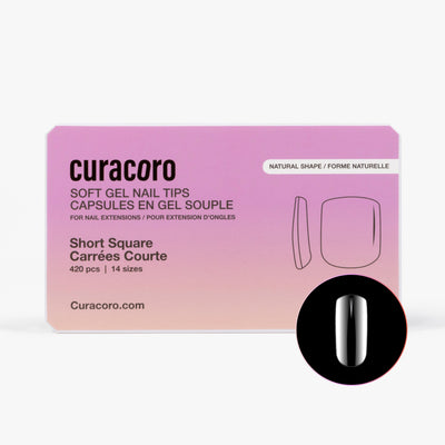 Curacoro soft gel nail tips, short square shape, 420 pcs in 14 sizes, packaged in gradient pink box on white background