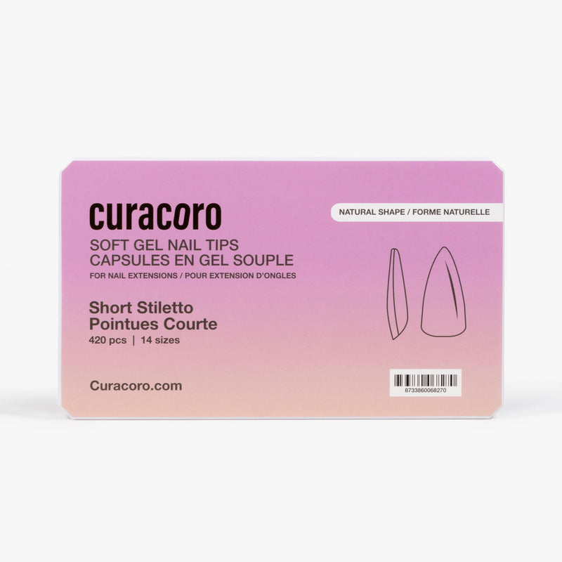 Curacoro Soft Gel Nail Tips in Short Stiletto shape, packaged in a gradient pink and purple box with product details and illustrations of the stiletto nail shape.