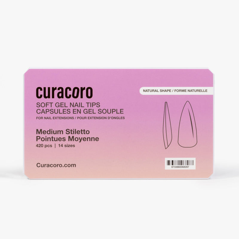 Curacoro Soft Gel Nail Tips in medium Stiletto shape, packaged in a gradient pink and purple box with product details and illustrations of the stiletto nail shape.