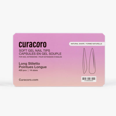 Curacoro Soft Gel Nail Tips in long Stiletto shape, packaged in a gradient pink and purple box with product details and illustrations of the stiletto nail shape.