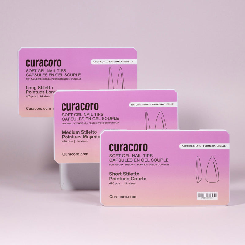 Curacoro soft gel nail tips set, long, medium, and short stiletto shapes, 420 pcs per box, displayed against a pink gradient background