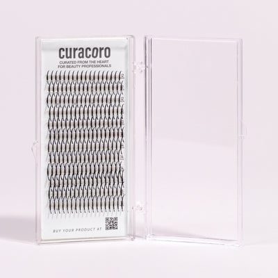 Curacoro Spike Closed Fans in clear plastic case, featuring 3D-6D volume lashes with 0.07-0.10 thickness on white background.