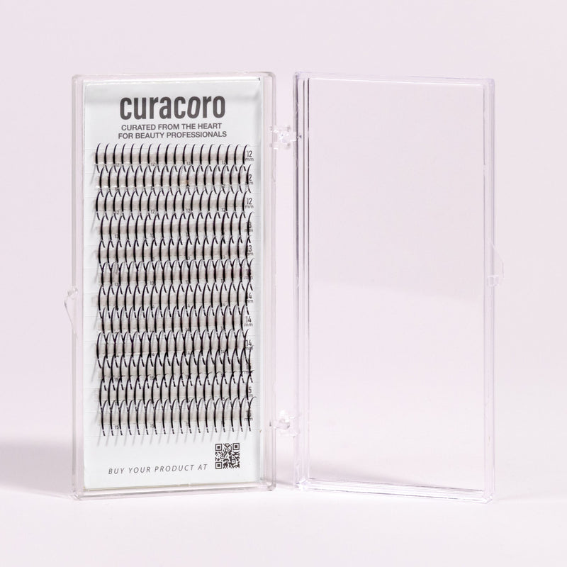 Curacoro Spike Closed Fans in clear plastic case, featuring 3D-6D volume lashes with 0.07-0.10 thickness on white background.