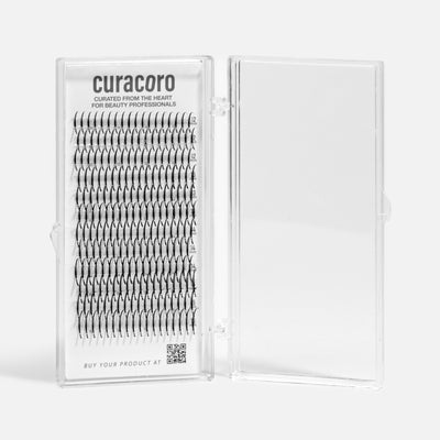 Curacoro Spike Closed Fans in clear plastic case, featuring 3D-6D volume lashes with 0.07-0.10 thickness on white background.