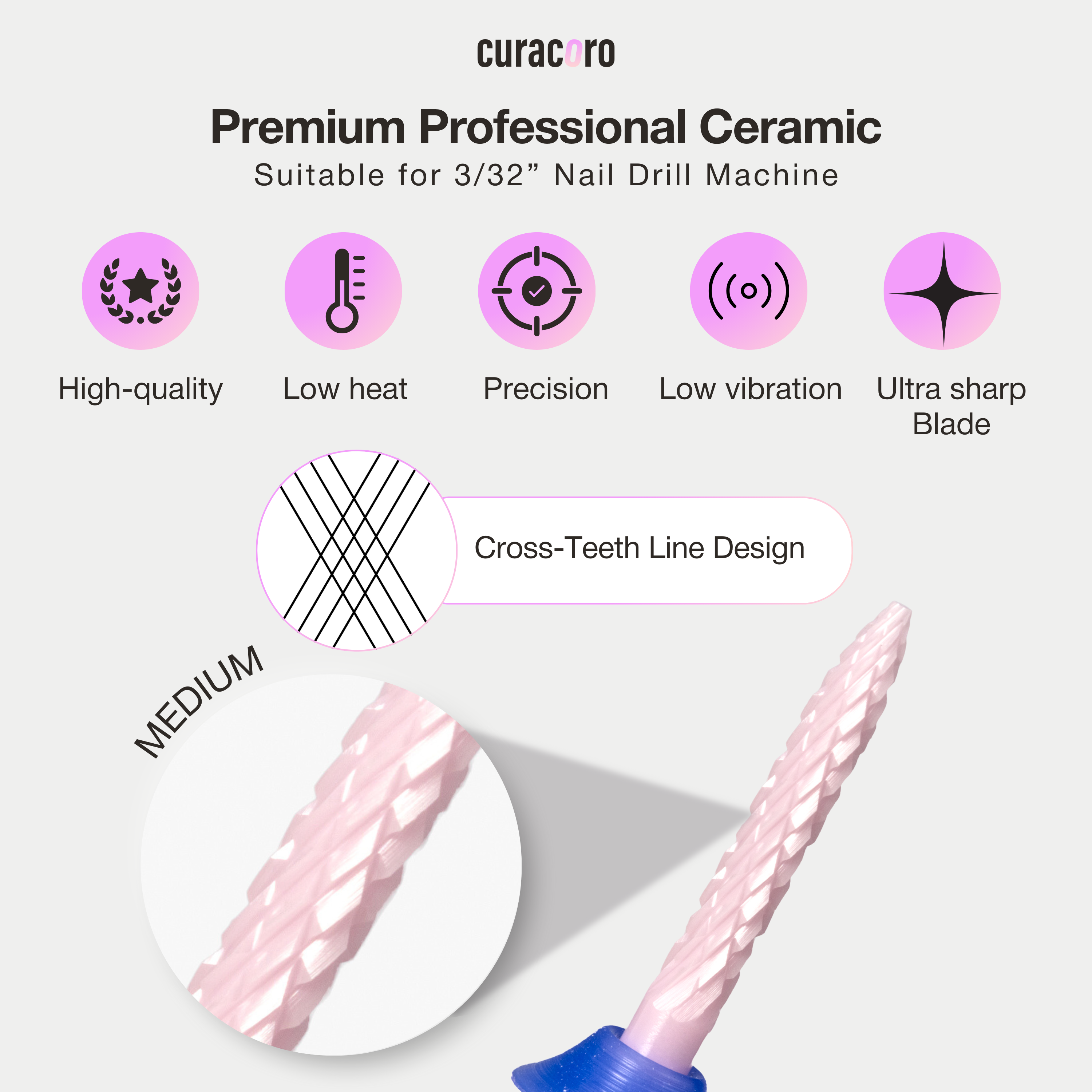 Ceramic Nail Drill Bit - Under Nail Cleaner Bit – Medium, 3/32"