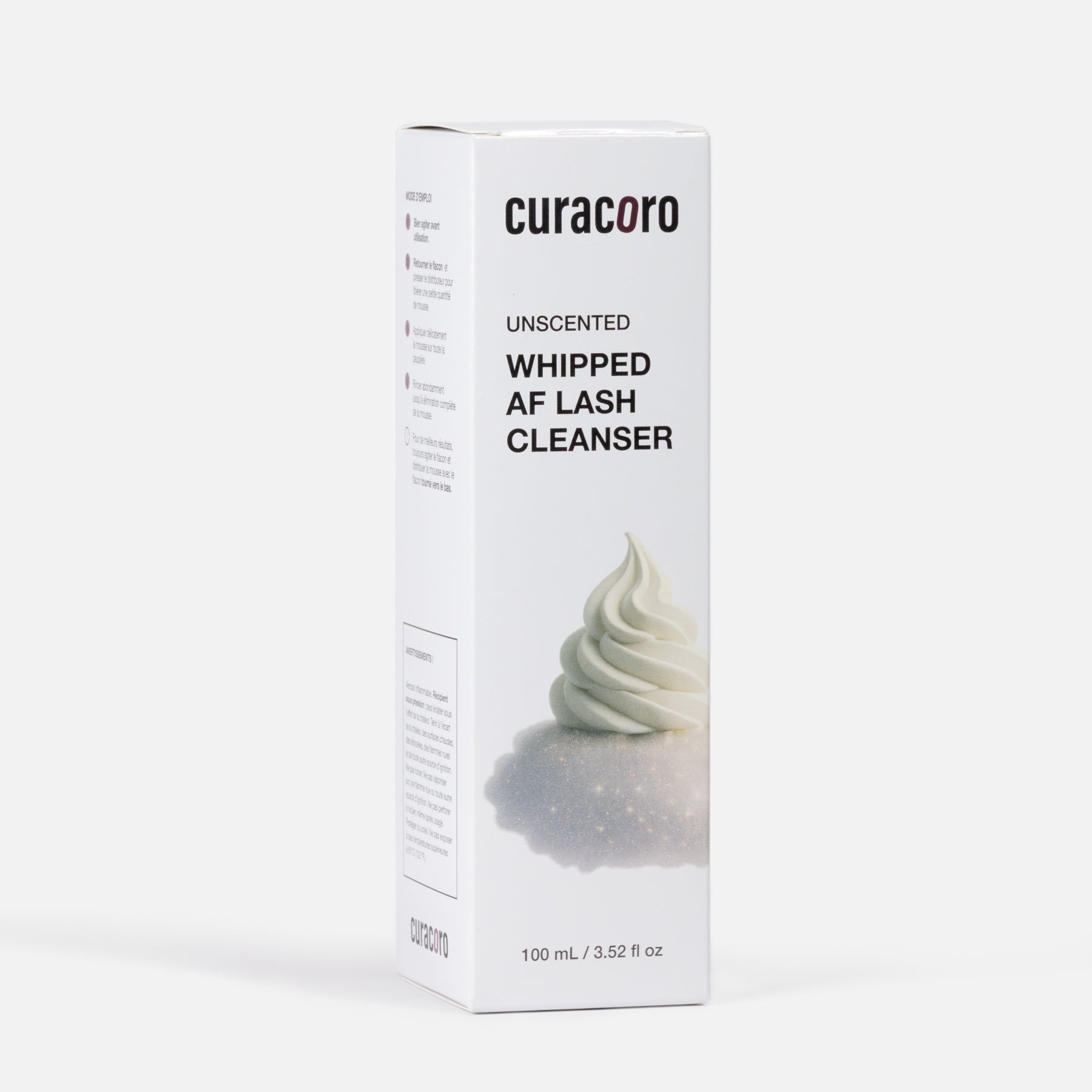 Box of curacoro unscented whipped lash cleanser on a white background