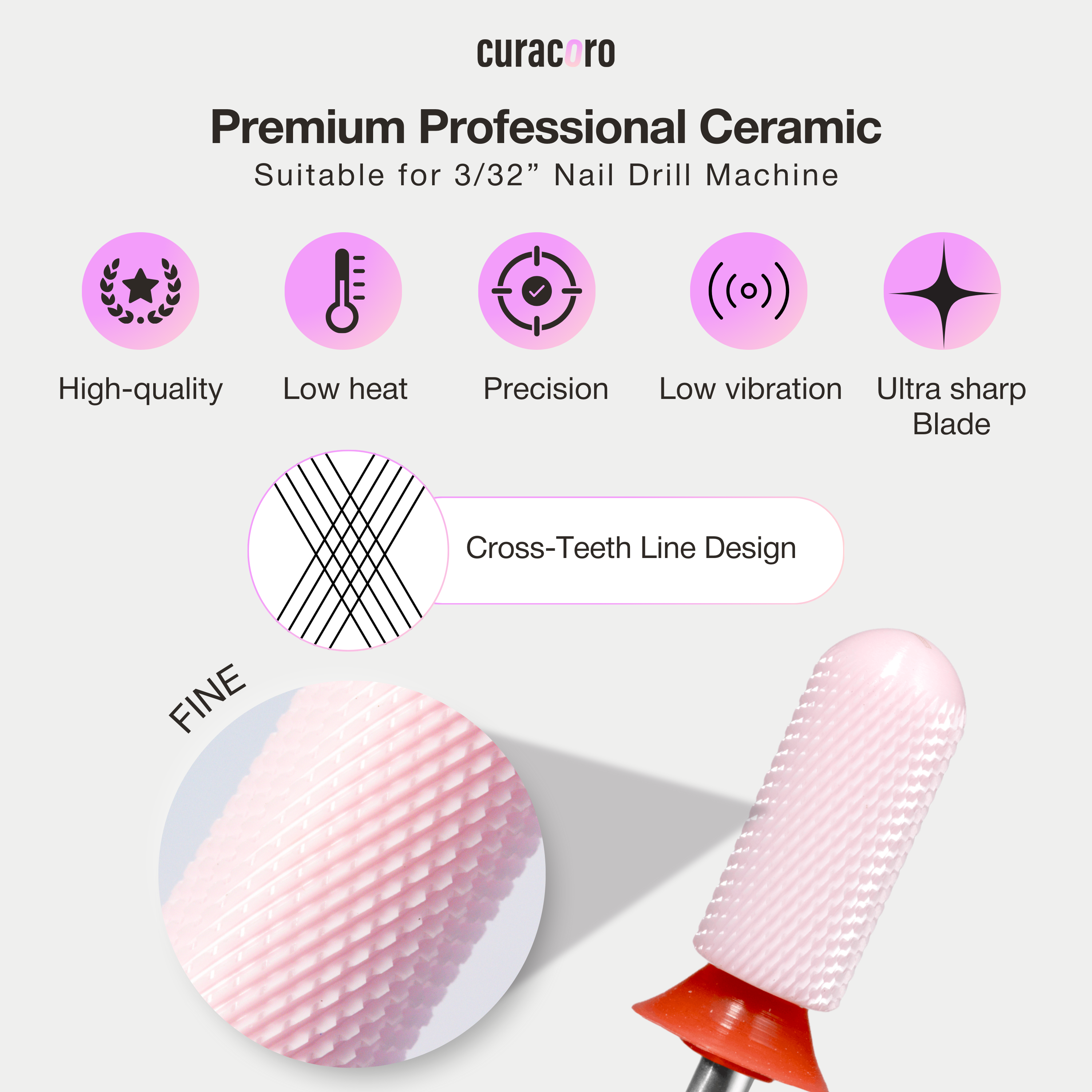 Ceramic Nail Drill Bit - Small Barrel Smooth Top Bit – Fine 3/32"