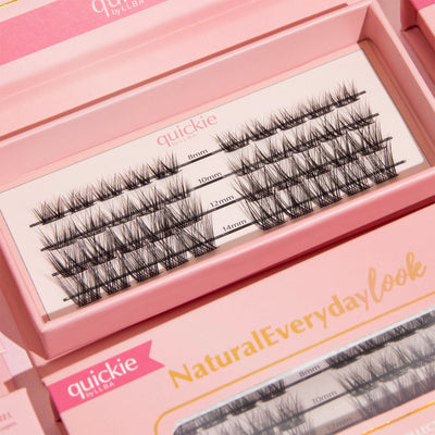 Close-up of DIY lash extension set in pink packaging, by Quickie, featuring lash lengths which are 10mm, 12mm, 14mm, and 16mm for dramatic volume.