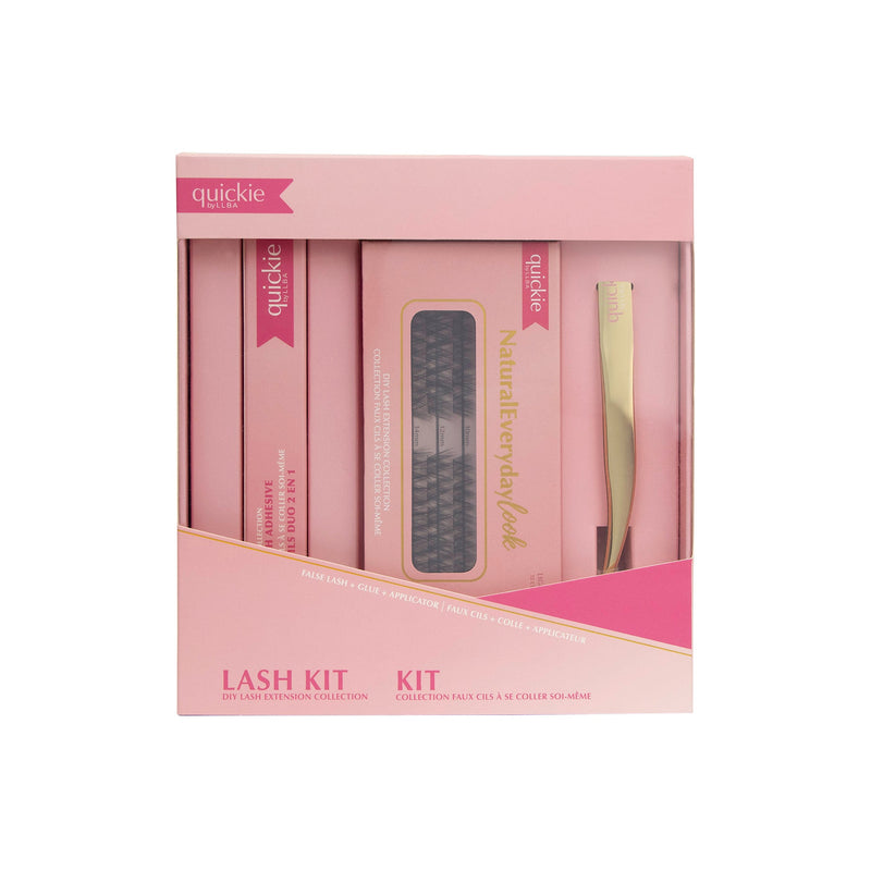 Pink lash kit packaging featuring DIY lash extensions, adhesive, and a gold applicator, branded with &