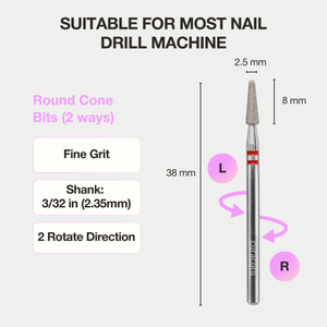 Cuticle Nail Drill Bit – Diamond Bit 2.5 × 8mm (Round Cone) - Medium/Fine