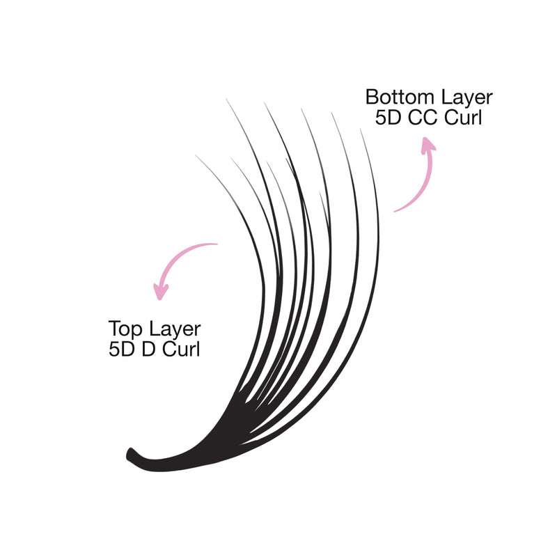 Illustration showing a double-layer eyelash extension with labeled top layer as "5D D Curl" and bottom layer as "5D CC Curl.