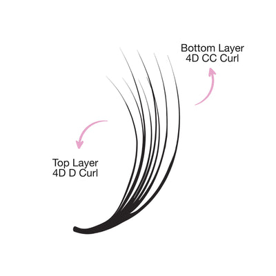 Illustration showing a double-layer eyelash extension with labeled top layer as "4D D Curl" and bottom layer as "4D CC Curl.