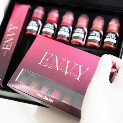 Lip Blush packaging and Envy Collection kit displayed