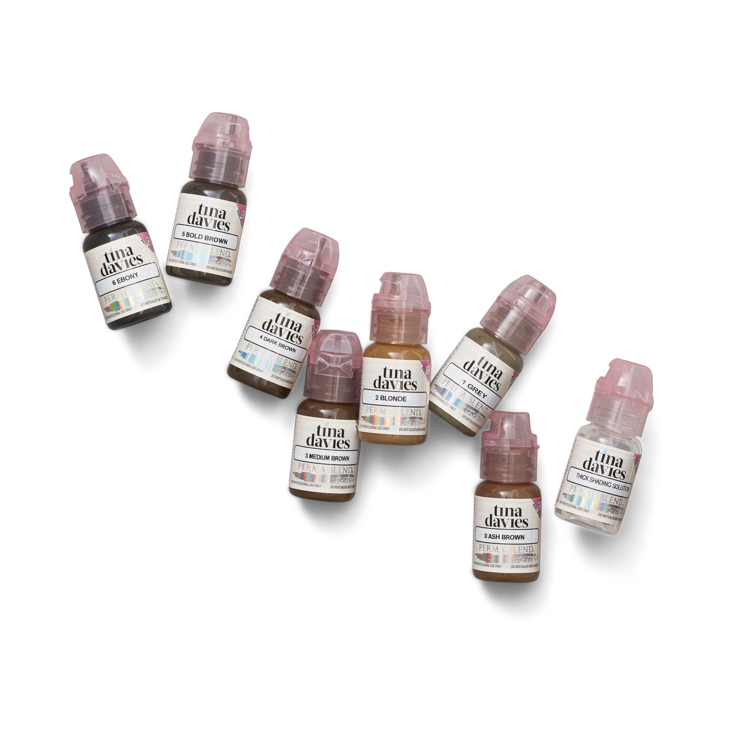 Pre-Mixed Pigments brow collection bottles displayed