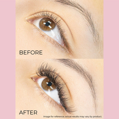 Before and after demonstration of Fairy Lashes on a model's lashes