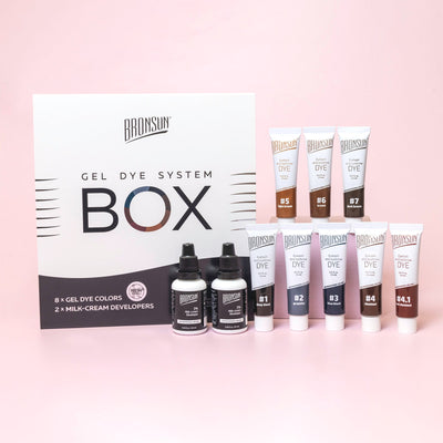 Gel Dye Set with Developer BRONSUN - products displayed on pink background with box