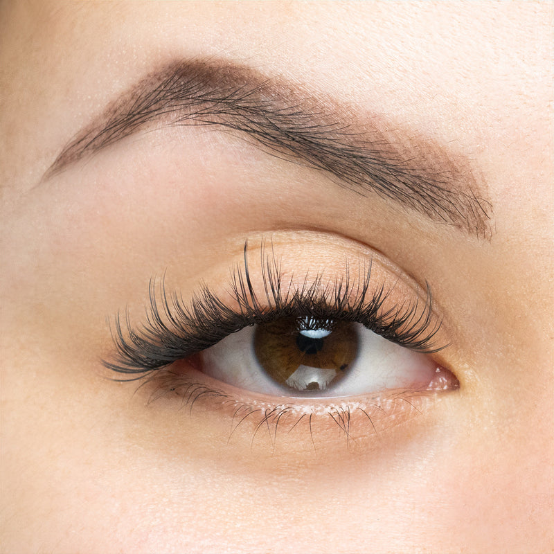 Close-up of an eye with natural-looking eyelash extensions, featuring subtle length and volume for an everyday look.