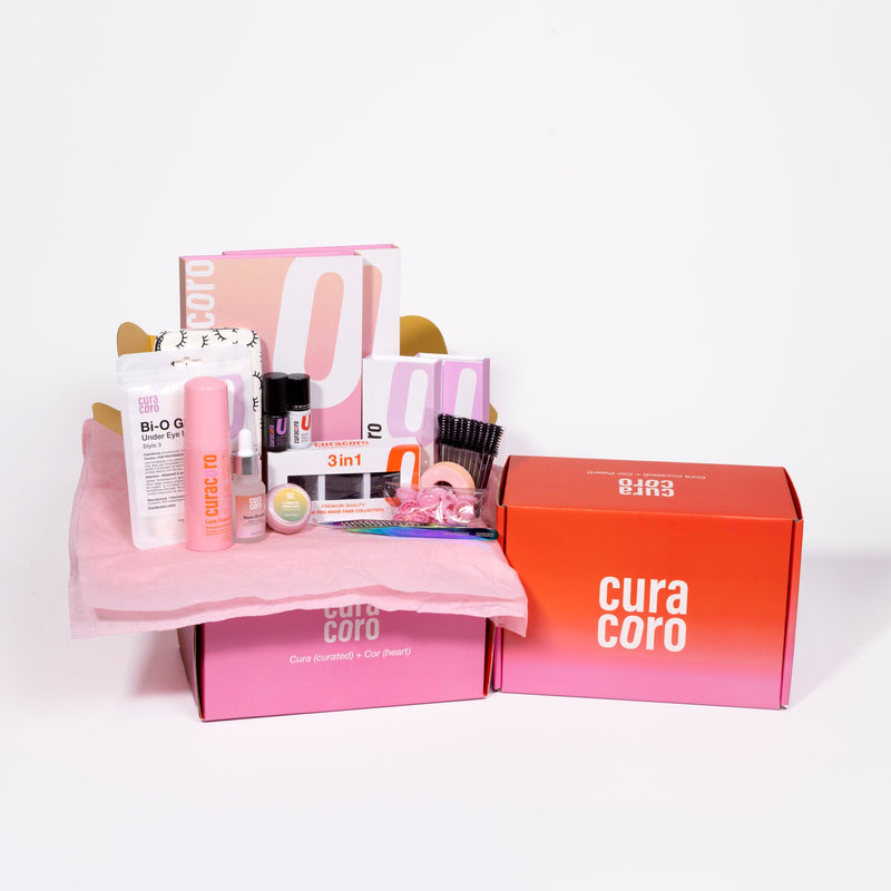 Curacoro Eyelash Extension Training Kit displayed on a soft pink background.