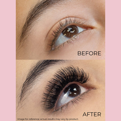 Close-up before and after image showing natural lashes transformed into bold, voluminous triple spike lash extensions.