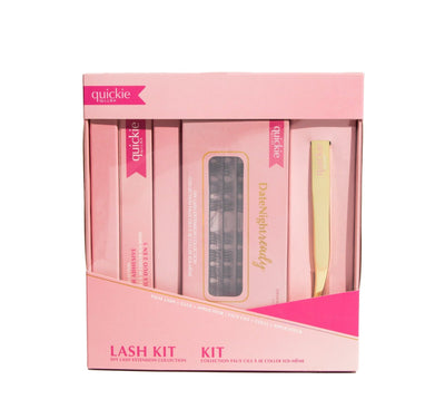 Pink lash kit packaging featuring DIY lash extensions, adhesive, and a gold applicator, branded with 'Quickie by LLBA' and labeled.