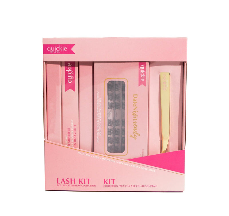 Pink lash kit packaging featuring DIY lash extensions, adhesive, and a gold applicator, branded with &