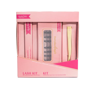 Pink lash kit packaging featuring DIY lash extensions, adhesive, and a gold applicator, branded with 'Quickie by LLBA' and labeled.