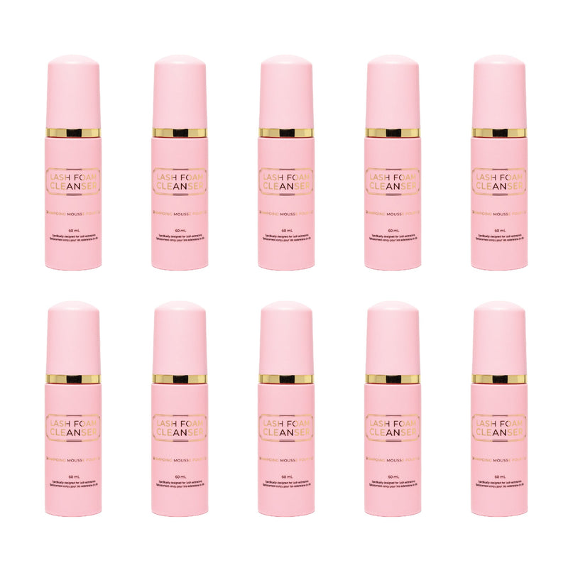 Ten Lash Foam Cleanser bottles arranged in a grid pattern over a white background.