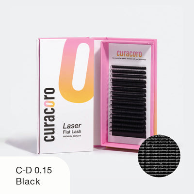 Curacoro Laser Flat Lash tray in pink and white packaging, showcasing black eyelash extensions over a light background.