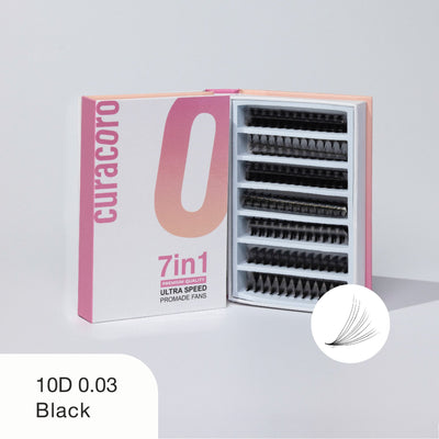 Curacoro 10D 0.03 black ultra speed promade fans, 7-in-1 box, displayed open with organized rows on white background