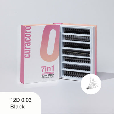 Curacoro 12D 0.03 black ultra speed promade fans, 7-in-1 box, displayed open with organized rows on white background