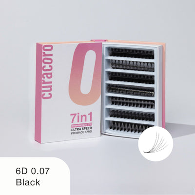 Curacoro 6D 0.07 black ultra speed promade fans, 7-in-1 box, displayed open with organized rows on white background